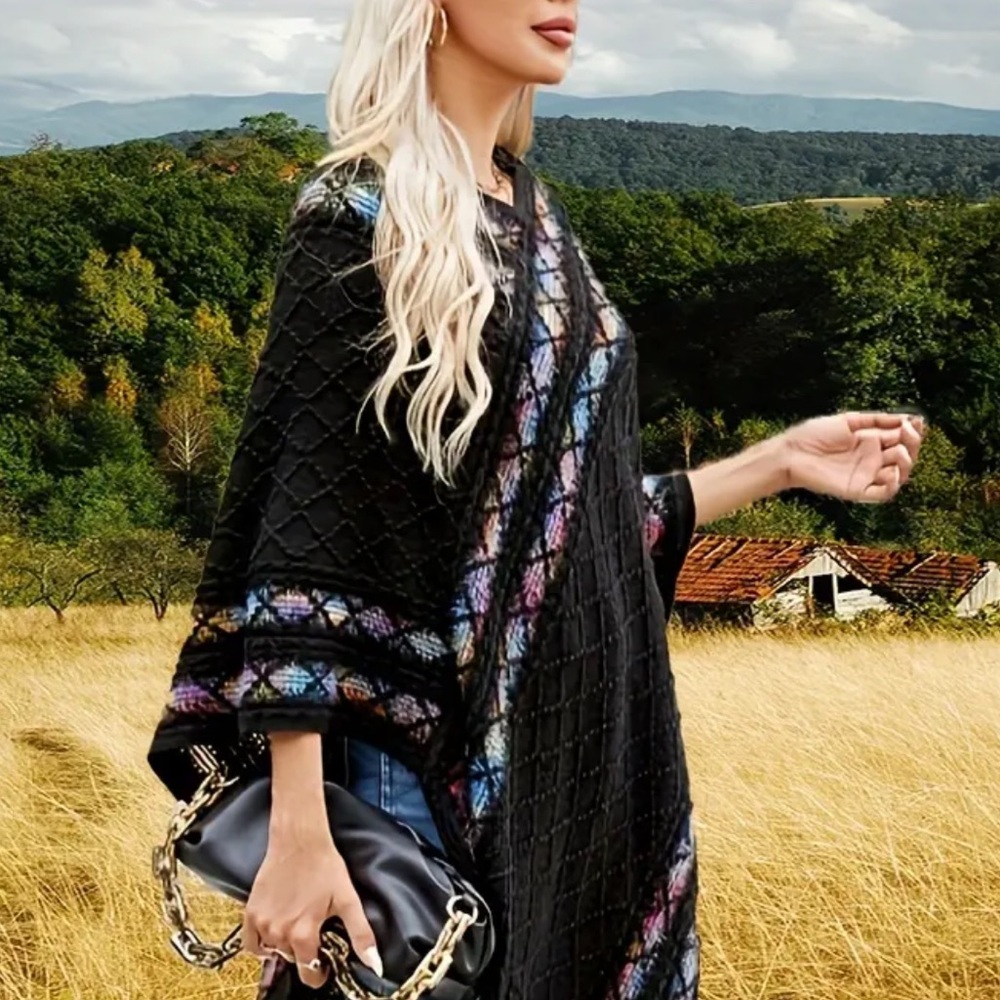 Black Poncho with Multicolor Accents NEW - Picture 3 of 4